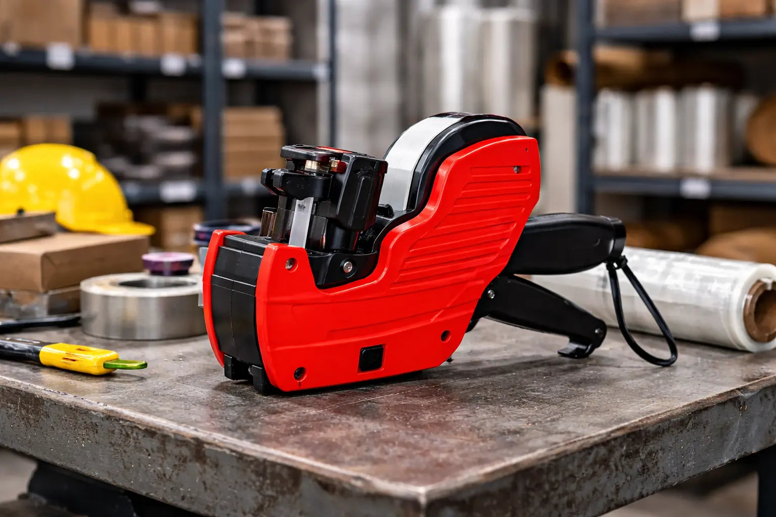 1-line vs 2-line price guns, red price gun in warehouse